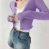 Purple Ribbed Knitted Long Sleeve Cardigan Top with Closed Pearl Button and V-Neck - Y2K Streetwear Aesthetic