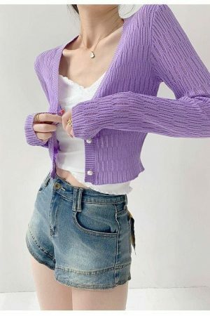 Purple Ribbed Knitted Long Sleeve Cardigan Top with Closed Pearl Button and V-Neck - Y2K Streetwear Aesthetic