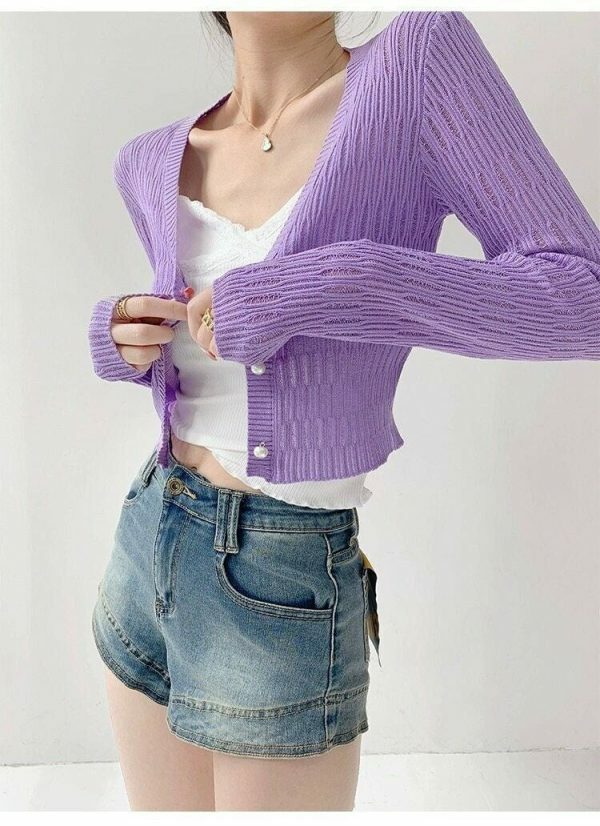 Purple Ribbed Knitted Long Sleeve Cardigan Top with Closed Pearl Button and V-Neck - Y2K Streetwear Aesthetic