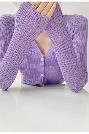 Purple Ribbed Knitted Long Sleeve Cardigan Top with Closed Pearl Button and V-Neck - Y2K Streetwear Aesthetic