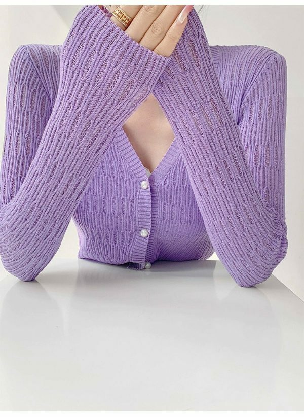 Purple Ribbed Knitted Long Sleeve Cardigan Top with Closed Pearl Button and V-Neck - Y2K Streetwear Aesthetic