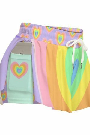 Rainbow Hearts Y2K Streetwear Shorts - Pastel Boho Aesthetic