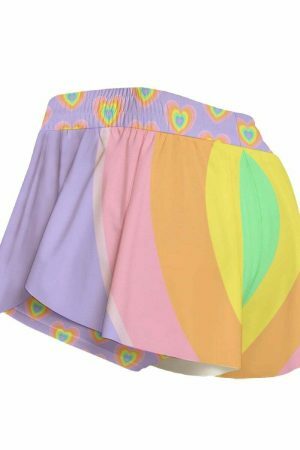 Rainbow Hearts Y2K Streetwear Shorts - Pastel Boho Aesthetic