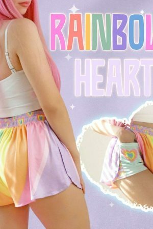 Rainbow Hearts Y2K Streetwear Shorts - Pastel Boho Aesthetic