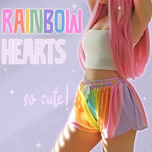 Rainbow Hearts Y2K Streetwear Shorts - Pastel Boho Aesthetic