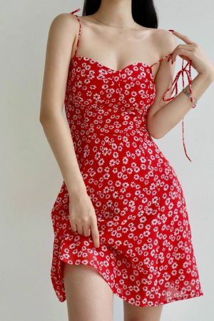 Red Floral Milkmaid Mini Dress | Y2K Streetwear Aesthetic | French Retro Harajuku Fashion