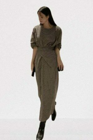 Retro Plaid Ankle-Length Dress | Casual Loose Round Neck Y2K Vestido