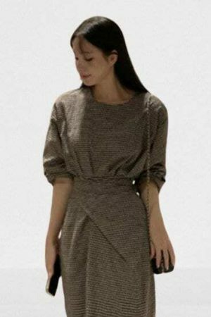 Retro Plaid Ankle-Length Dress | Casual Loose Round Neck Y2K Vestido