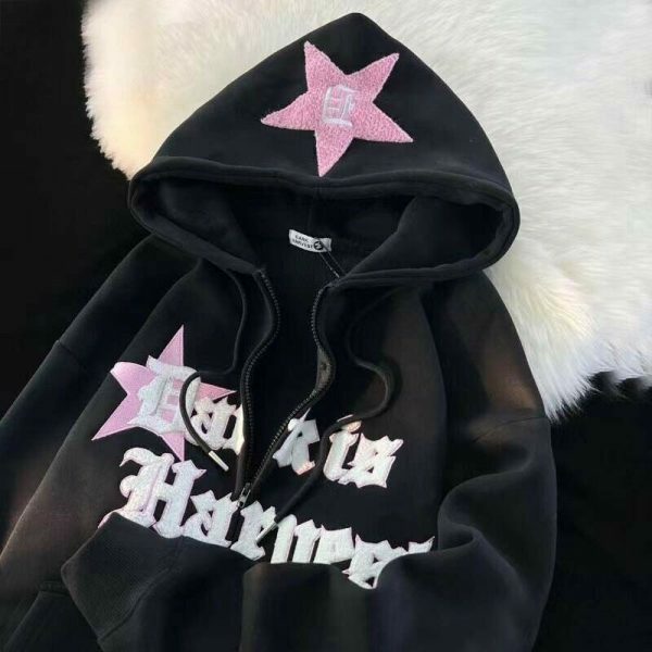 Retro Y2K Kawaii Embroidered Street Star Hoodie Sweater