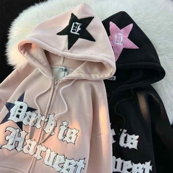 Retro Y2K Kawaii Embroidered Street Star Hoodie Sweater