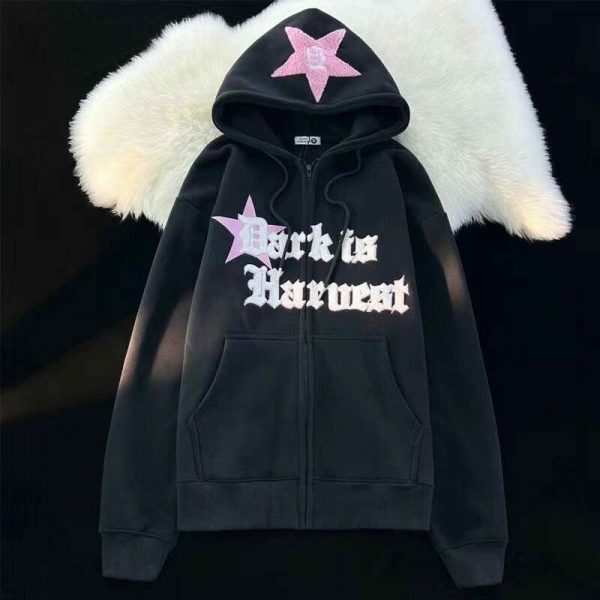 Retro Y2K Kawaii Embroidered Street Star Hoodie Sweater