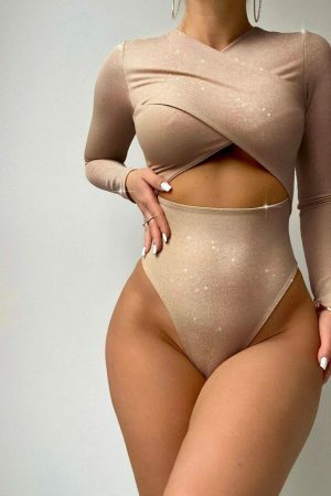 Reversible Cutout Long Sleeve Stretchy Bodysuit in Shiny Mocha