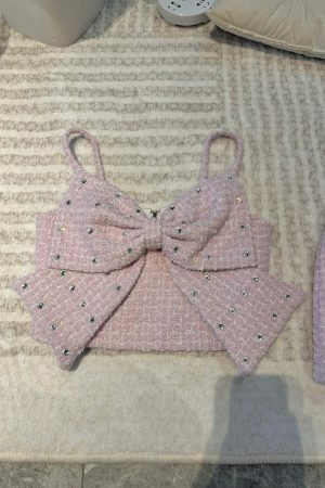 Ribbon Tweed Y2K 2-Piece Set: Korean Rhinestone Streetwear Coord in Pink & White