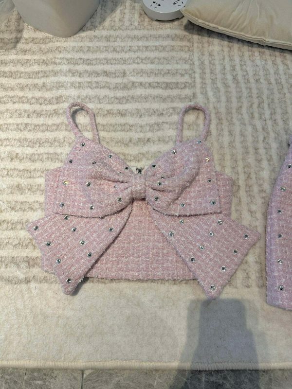 Ribbon Tweed Y2K 2-Piece Set: Korean Rhinestone Streetwear Coord in Pink & White