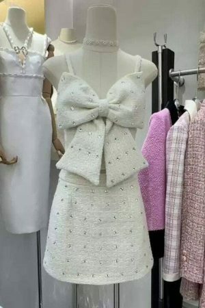 Ribbon Tweed Y2K 2-Piece Set: Korean Rhinestone Streetwear Coord in Pink & White