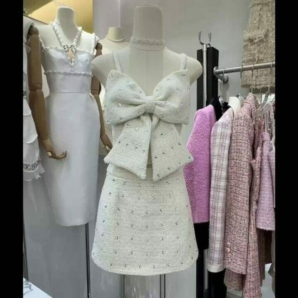 Ribbon Tweed Y2K 2-Piece Set: Korean Rhinestone Streetwear Coord in Pink & White