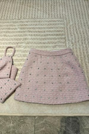 Ribbon Tweed Y2K 2-Piece Set: Korean Rhinestone Streetwear Coord in Pink & White