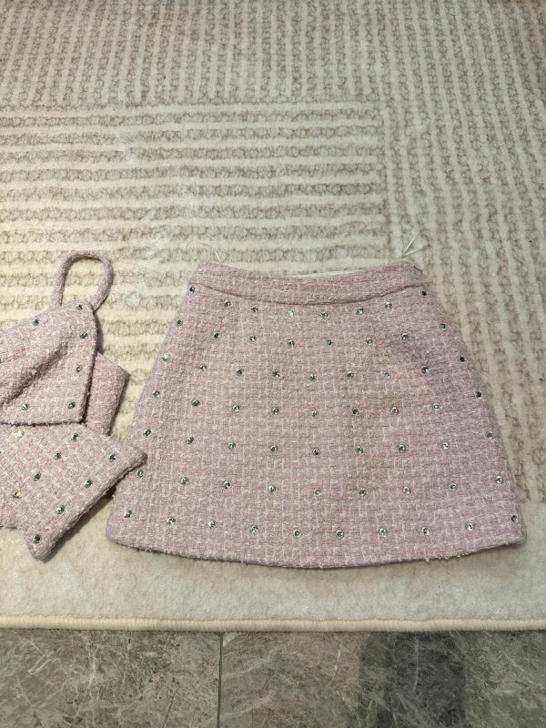 Ribbon Tweed Y2K 2-Piece Set: Korean Rhinestone Streetwear Coord in Pink & White