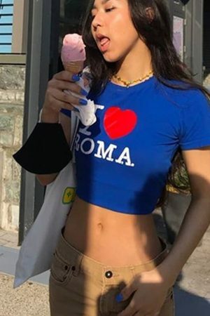 Roma Blue Crop Tee Y2K Grunge Aesthetic Gothic Punk T-Shirt Women Summer Graphic Print Streetwear