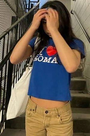 Roma Blue Crop Tee Y2K Grunge Aesthetic Gothic Punk T-Shirt Women Summer Graphic Print Streetwear