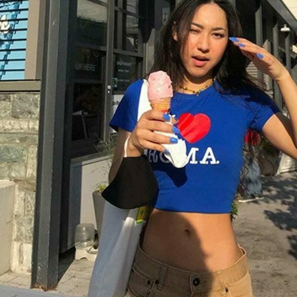 Roma Blue Crop Tee Y2K Grunge Aesthetic Gothic Punk T-Shirt Women Summer Graphic Print Streetwear