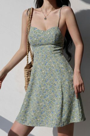 Sage Green Blue Floral Mini Dress Y2K Streetwear Aesthetic