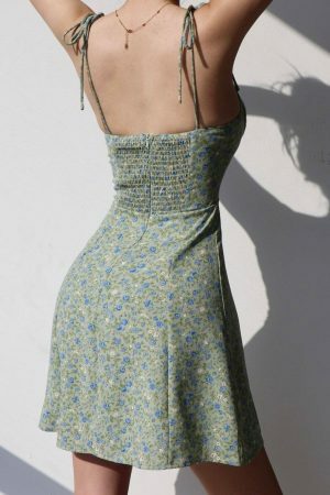 Sage Green Blue Floral Mini Dress Y2K Streetwear Aesthetic