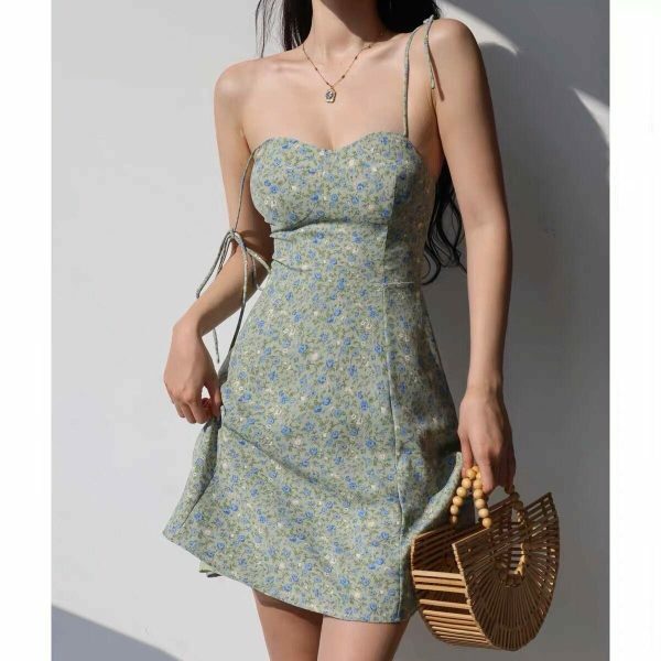 Sage Green Blue Floral Mini Dress Y2K Streetwear Aesthetic