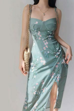 Sage Green Floral Midi Tie Strap Dress - Y2K Streetwear Aesthetic