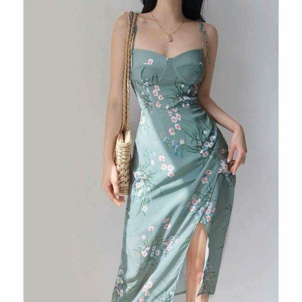 Sage Green Floral Midi Tie Strap Dress - Y2K Streetwear Aesthetic