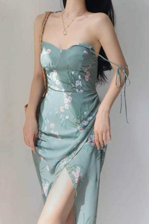 Sage Green Floral Midi Tie Strap Dress - Y2K Streetwear Aesthetic