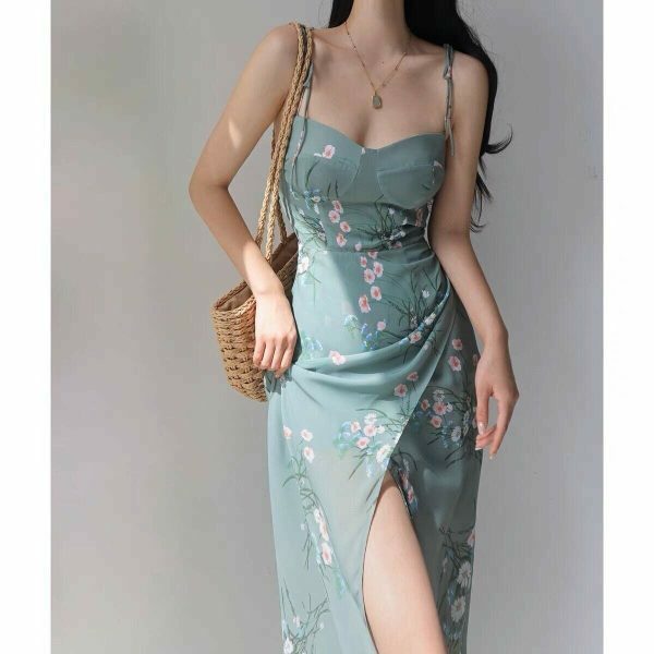 Sage Green Floral Midi Tie Strap Dress - Y2K Streetwear Aesthetic