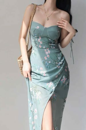 Sage Green Floral Midi Tie Strap Dress - Y2K Streetwear Aesthetic