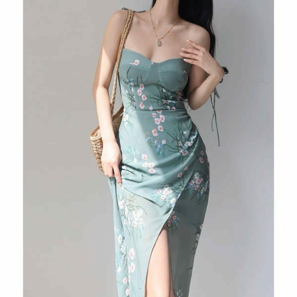 Sage Green Floral Midi Tie Strap Dress - Y2K Streetwear Aesthetic