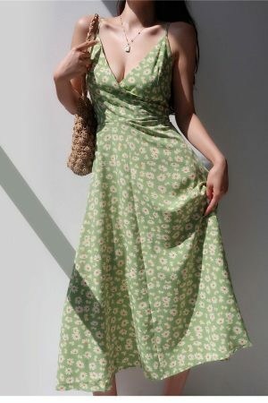 Sage Green Floral V Neck Midi Slip Dress - Y2K Streetwear Aesthetic