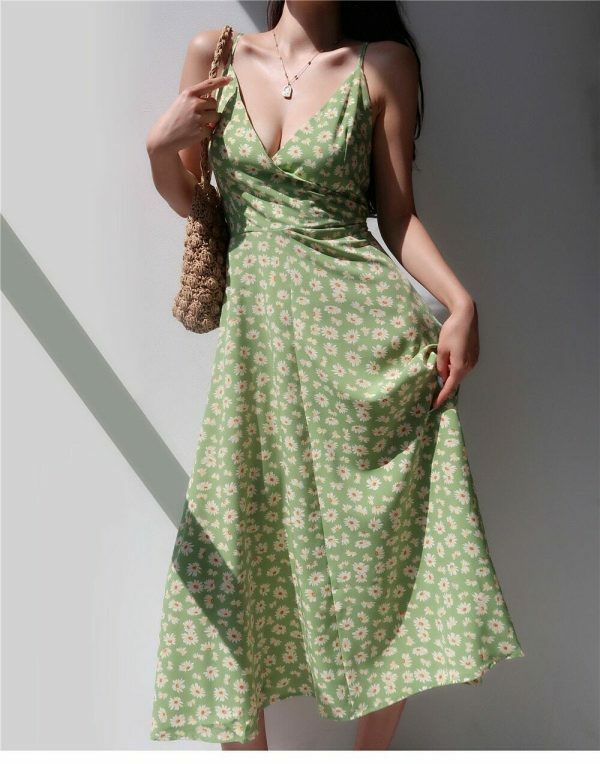 Sage Green Floral V Neck Midi Slip Dress - Y2K Streetwear Aesthetic