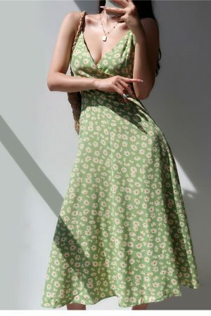 Sage Green Floral V Neck Midi Slip Dress - Y2K Streetwear Aesthetic