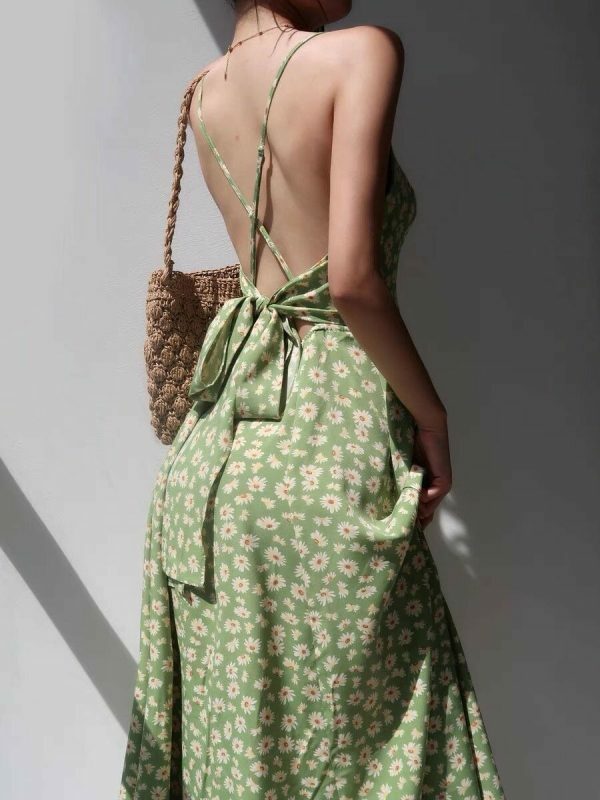 Sage Green Floral V Neck Midi Slip Dress - Y2K Streetwear Aesthetic