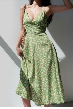 Sage Green Floral V Neck Midi Slip Dress - Y2K Streetwear Aesthetic