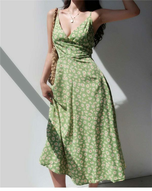 Sage Green Floral V Neck Midi Slip Dress - Y2K Streetwear Aesthetic