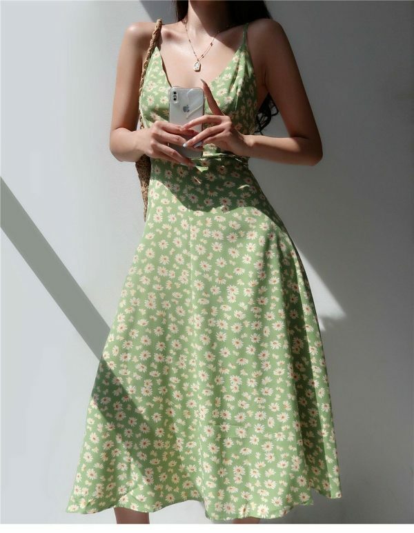 Sage Green Floral V Neck Midi Slip Dress - Y2K Streetwear Aesthetic