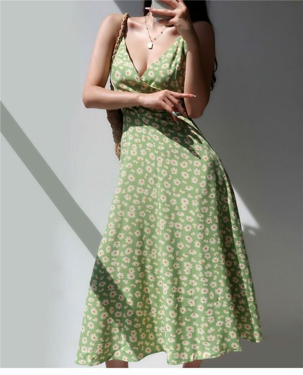 Sage Green Floral V Neck Midi Slip Dress - Y2K Streetwear Aesthetic