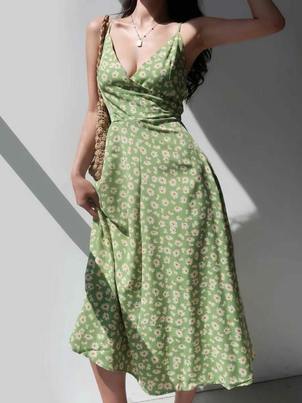 Sage Green Floral V Neck Midi Slip Dress - Y2K Streetwear Aesthetic