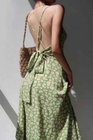 Sage Green Floral V Neck Midi Slip Dress - Y2K Streetwear Aesthetic