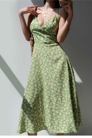 Sage Green Floral V Neck Midi Slip Dress - Y2K Streetwear Aesthetic