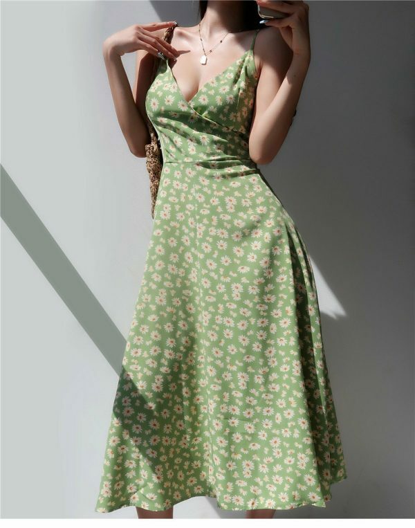 Sage Green Floral V Neck Midi Slip Dress - Y2K Streetwear Aesthetic