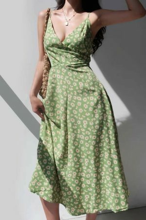 Sage Green Floral V Neck Midi Slip Dress - Y2K Streetwear Aesthetic