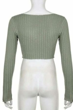 Sage Green Y2K Cropped Ribbed Top with Lace Detail & Slit