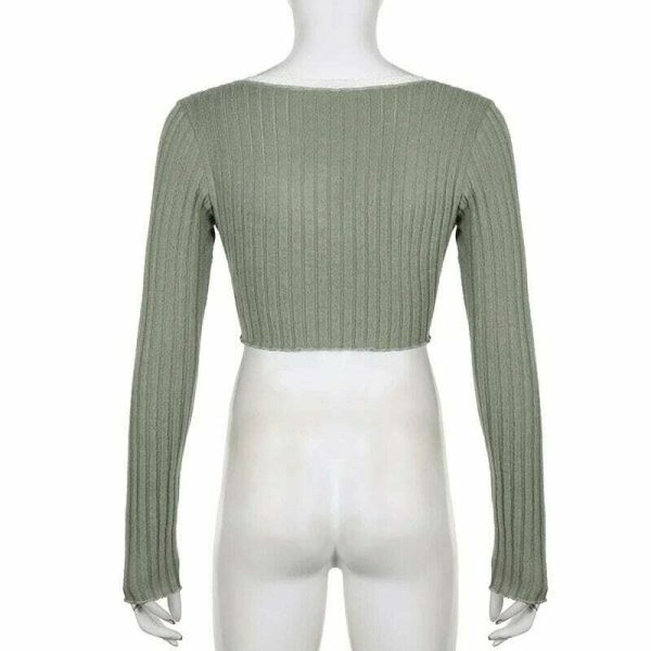 Sage Green Y2K Cropped Ribbed Top with Lace Detail & Slit