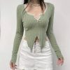 Sage Green Y2K Cropped Ribbed Top with Lace Detail & Slit